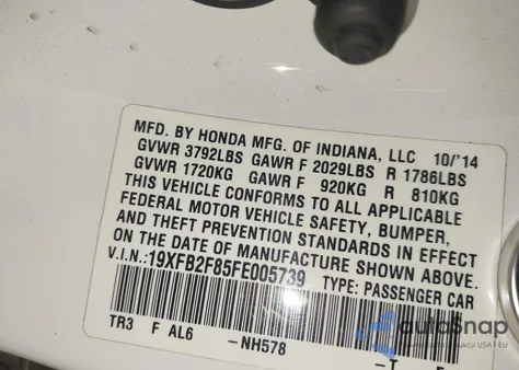 2015 Honda Civic Ex из США, поврежденный, VIN 19XFB2F85FE005739